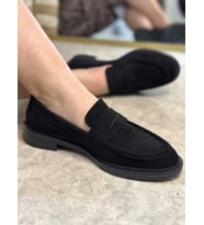 Günlük Kadın Düz Loafer Klasik  Zincirli Oval Burun Makosen Ayakkabı 130 (Siyah Süet)