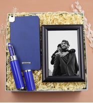 Kişiye Özel Yumuşak Kapaklı Not Defteri & Özel Kutusunda Touch Pen & Çerçeve Hediye Seti (Mavi)