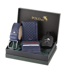 Polo Air Dama Desenli Kutulu Erkek Cüzdan Kemer Kartlık Parfüm Seti PM-13 (Lacivert)