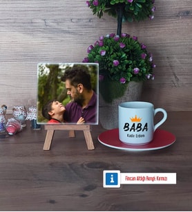 Babalar Günü Hediyesi Fotoğraflı Dekoratif Taş, Ahşap Altlıklı Türk Kahvesi Fincanı HediyeBabaya Hediye (Model 3)