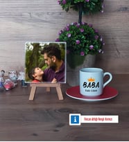 Babalar Günü Hediyesi Fotoğraflı Dekoratif Taş, Ahşap Altlıklı Türk Kahvesi Fincanı HediyeBabaya Hediye (Model 3)