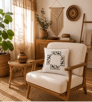 Naturel&Sütlü-Biyeli, Etnik Desen,Taş Baskılı Dekoratif Kırlent Kılıfı 40x40 cm