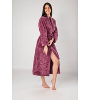 Krem Eteği Kolu Jakarlı Bambo Cotton Bayan Bornozu (Mürdüm)