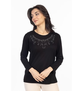 Yeni Model Taş İşlemeli Yuvarlak Yaka Likralı Anne Penye Bluz 6420 (Siyah)