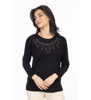Yeni Model Taş İşlemeli Yuvarlak Yaka Likralı Anne Penye Bluz 6420 (Siyah)