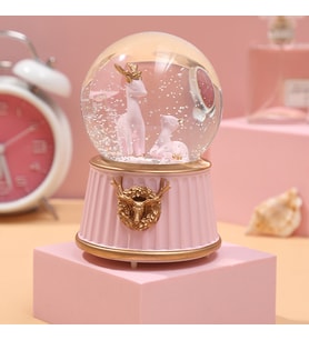 Geyikli Işıklı Müzikli Püskürtmeli Büyük Boy Kar Küresi (Pembe)