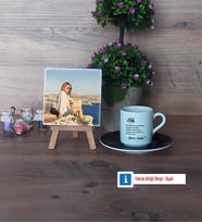 Ablaya Hediye Fotoğraflı Dekoratif Taş, Ahşap Altlıklı Türk Kahvesi Fincanı Hediye (Model 7)