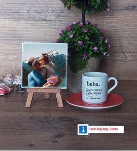 Babaya Hediye Fotoğraflı Dekoratif Taş, Ahşap Altlıklı Türk Kahvesi Fincanı Hediye (Model 8)