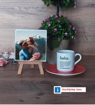 Babaya Hediye Fotoğraflı Dekoratif Taş, Ahşap Altlıklı Türk Kahvesi Fincanı Hediye (Model 8)