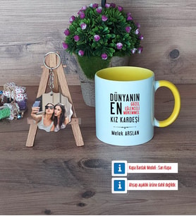 Kız Kardeş Kupa Bardak Beyaz ve Fotoğraflı Ahşap Anahtarlık Hediye (Model 7)