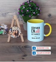 Kız Kardeş Kupa Bardak Beyaz ve Fotoğraflı Ahşap Anahtarlık Hediye (Model 7)