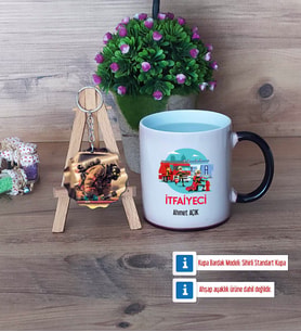İtfaiyeci Kupa Bardak Beyaz ve Fotoğraflı Ahşap Anahtarlık Hediye (Model 9)