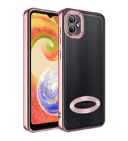 Samsung Galaxy A04 Kılıf Case, Logo Showing Serisi, Şeffaf, Kamera Korumalı, Logo Gösteren Renkli Çizgi Tasarım (Rose)