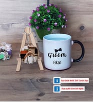 Groom Kupa Bardak Beyaz ve Fotoğraflı Ahşap Anahtarlık Hediye (Model 9)