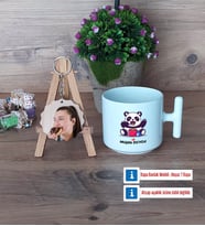 Sevimli Panda Kupa Bardak Beyaz ve Fotoğraflı Ahşap Anahtarlık Hediye (Model 12)