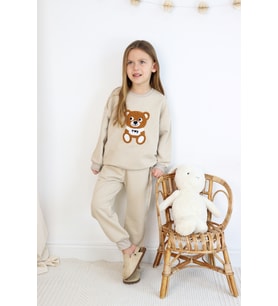Kız-Erkek (Unisex) Çocuk İnterlok Kumaş Orta Kalınlıkta Nakışlı-Baskılı Örme Basic Eşofman Takımı (Ekru)