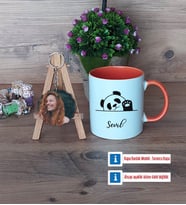 Sevimli Panda Kupa Bardak Beyaz ve Fotoğraflı Ahşap Anahtarlık Hediye (Model 13)