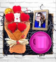 Size Özel Tasarım Fotoğraflı Set  TURUNCU Kalp Buketi ve Kahve Fincanı (Pembe)