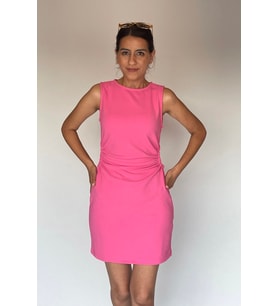 Kadın Sıfır Kol Yan Büzgü Detay Jakarlı İnce Kaşkorse Elbise (Pembe)