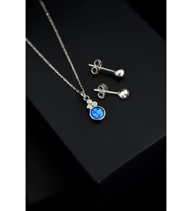 Papatya Silver 925 Ayar Gümüş Mavi Opal Yuvarlak Kolye Çivili Top Küpe Set (Rodyum)