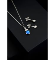 Papatya Silver 925 Ayar Gümüş Mavi Opal Yuvarlak Kolye Çivili Top Küpe Set (Rodyum)