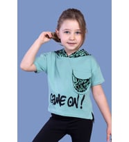 Toontoy Kız Çocuk Cep Detaylı Kapüşonlu Baskılı Tişört (Yeşil)