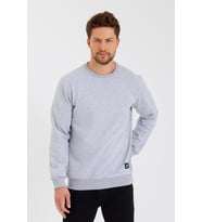 Siyah Bisiklet Yaka Etiket Detaylı İçi Pamuklu Erkek Sweatshirt (Gri)