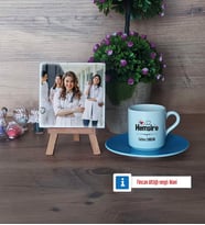 Hemşire Fotoğraflı Dekoratif Taş, Ahşap Altlıklı Türk Kahvesi Fincanı Hediye (Model 5)
