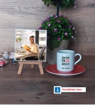 Amcaya Hediye Fotoğraflı Dekoratif Taş, Ahşap Altlıklı Türk Kahvesi Fincanı Hediye (Model 8)