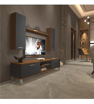 Decoraktiv Eko 5D Mdf Dvd Krom Ayaklı Tv Ünitesi Tv Sehpası - Beyaz - Pera (Antrasit - Ceviz)