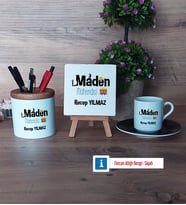 Maden Mühendisi Hediye Seti Dekoratif Taş, Kalemlik, Ahşap Altlıklı Türk Kahvesi Fincanı Hediye (Model 7)