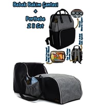 Portbebe Ana Kucağı Puset Bebek Taşıma + Anne Bebek Bakım Çantası 2 li Set (Koyu Gri)