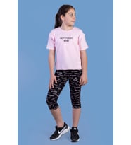 Toontoy Kız Çocuk Kesik Detaylı Baskılı Taytlı Takım (Açık Pembe)