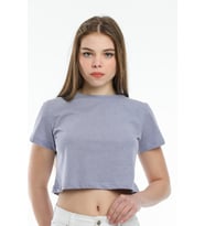 Süperlife Kadın Bisiklet Yaka Crop Örme Slim Fit Tişort SPR21Y13 (Lila)
