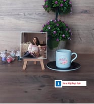 İsme Özel İsim Yazılı Fotoğraflı Dekoratif Taş, Ahşap Altlıklı Türk Kahvesi Fincanı Hediye (Model 7)