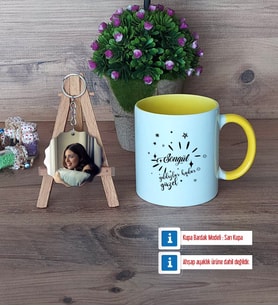 Doğum Günü Hediyesi Kupa Bardak Beyaz ve Fotoğraflı Ahşap Anahtarlık Hediye (Model 7)