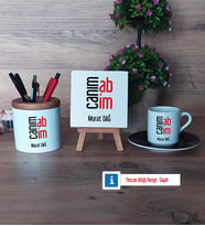 Abiye Hediye Hediye Seti Dekoratif Taş, Kalemlik, Ahşap Altlıklı Türk Kahvesi Fincanı Hediye (Model 7)