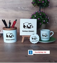 Uykucu Panda Hediye Seti Dekoratif Taş, Kalemlik, Ahşap Altlıklı Türk Kahvesi Fincanı, Ahşap Anahtarlık Hediye (Model 9)