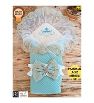 Mint Triko Örgü Bebek Kundağı - Pamuklu & Dantelli Yenidoğan Bebek Battaniyesi (Mint)