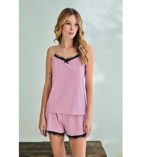 Estiva Kadın Ip Askılı Şortlu Likra Viskon Yazlık Pijama Takımı (Pudra)