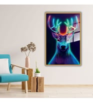 Metal Çerçeveli Temperli Cam Tablo Neon Renkli Geyik (Gold)
