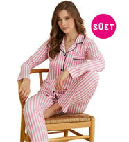 Kadın Gömlek Yaka Önden Düğmeli Saten Biyeli Süet Kışlık Uzun Kol Pijama Takımı (Pembe)