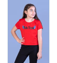 Toontoy Kız Çocuk Ön Arka TikTok Baskılı Tişört (Kırmızı)