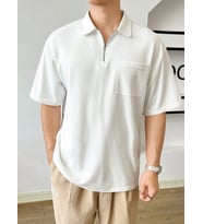 Erkek Oversize Polo Yaka Waffle T-Shirt POLOYAKA-FERMUARLI (Beyaz)