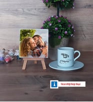 Eşe Hediye Mr Fotoğraflı Dekoratif Taş, Ahşap Altlıklı Türk Kahvesi Fincanı Hediye Yıl Dönümü Hediyesi (Model 2)