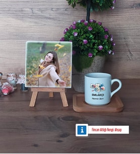 Emlakçı Fotoğraflı Dekoratif Taş, Ahşap Altlıklı Türk Kahvesi Fincanı Hediye (Model 1)