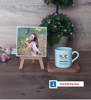 Emlakçı Fotoğraflı Dekoratif Taş, Ahşap Altlıklı Türk Kahvesi Fincanı Hediye (Model 1)