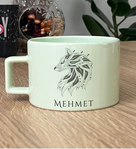 Kişiye Özel Etnik Kurt Hediye Pastel Fincan Babaya Sevgiliye Hediye (Yeşil)