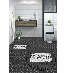 EVDEYA Dijital Mozaik Desen Bath Yazılı İkili Yuvarlak Banyo Paspası Klozet Takımı, YKLOZET-7-KAHVE, (Siyah)