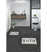 EVDEYA Dijital Mozaik Desen Bath Yazılı İkili Yuvarlak Banyo Paspası Klozet Takımı, YKLOZET-7-KAHVE, (Siyah)